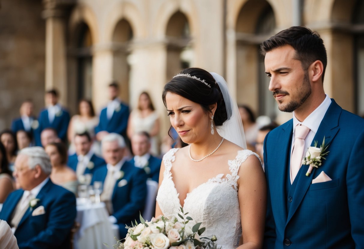 A couple at a wedding, with one person looking uncomfortable while the other seems to be searching for their partner