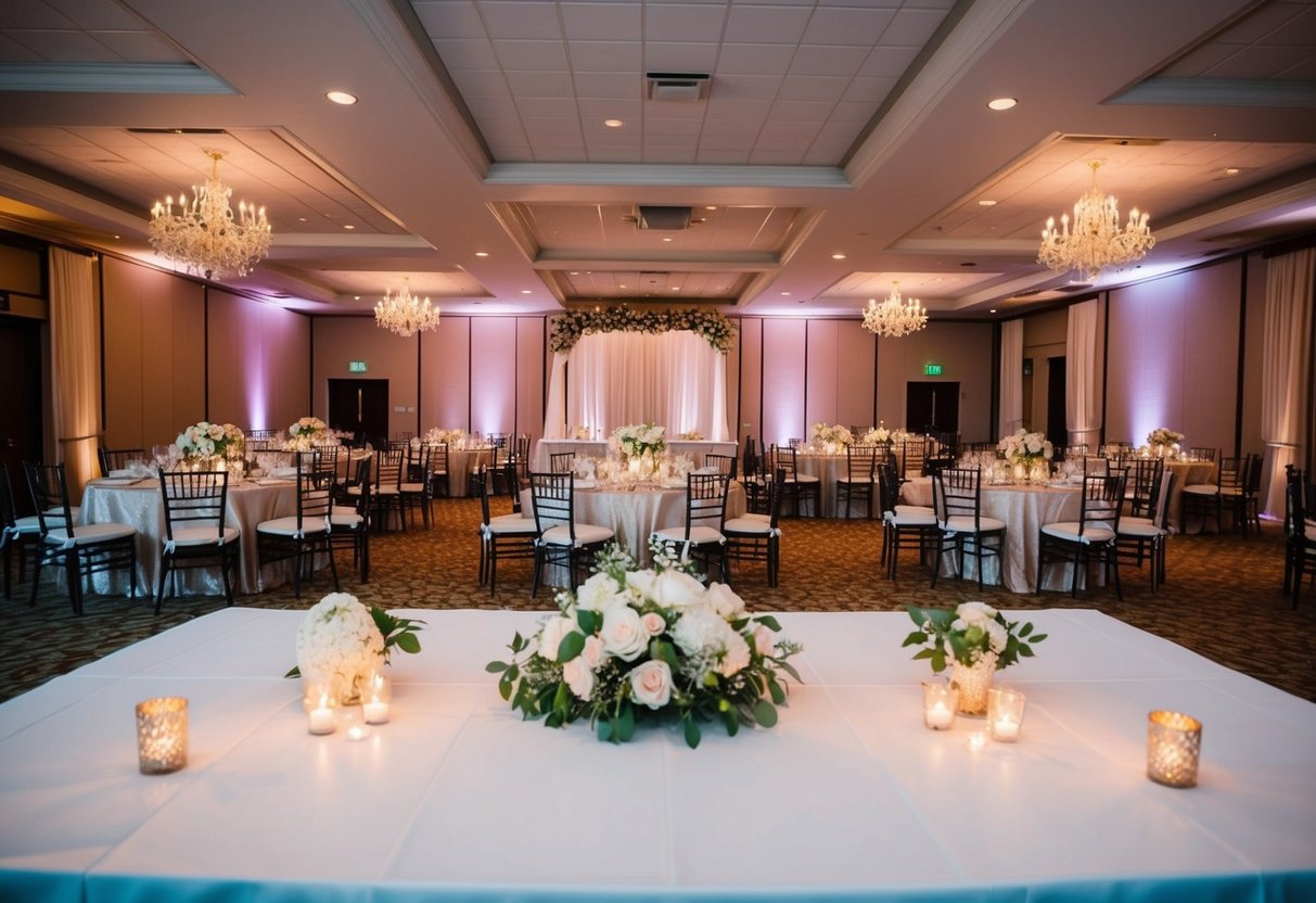 A beautifully decorated wedding reception with tables set for guests, a dance floor, and a romantic atmosphere