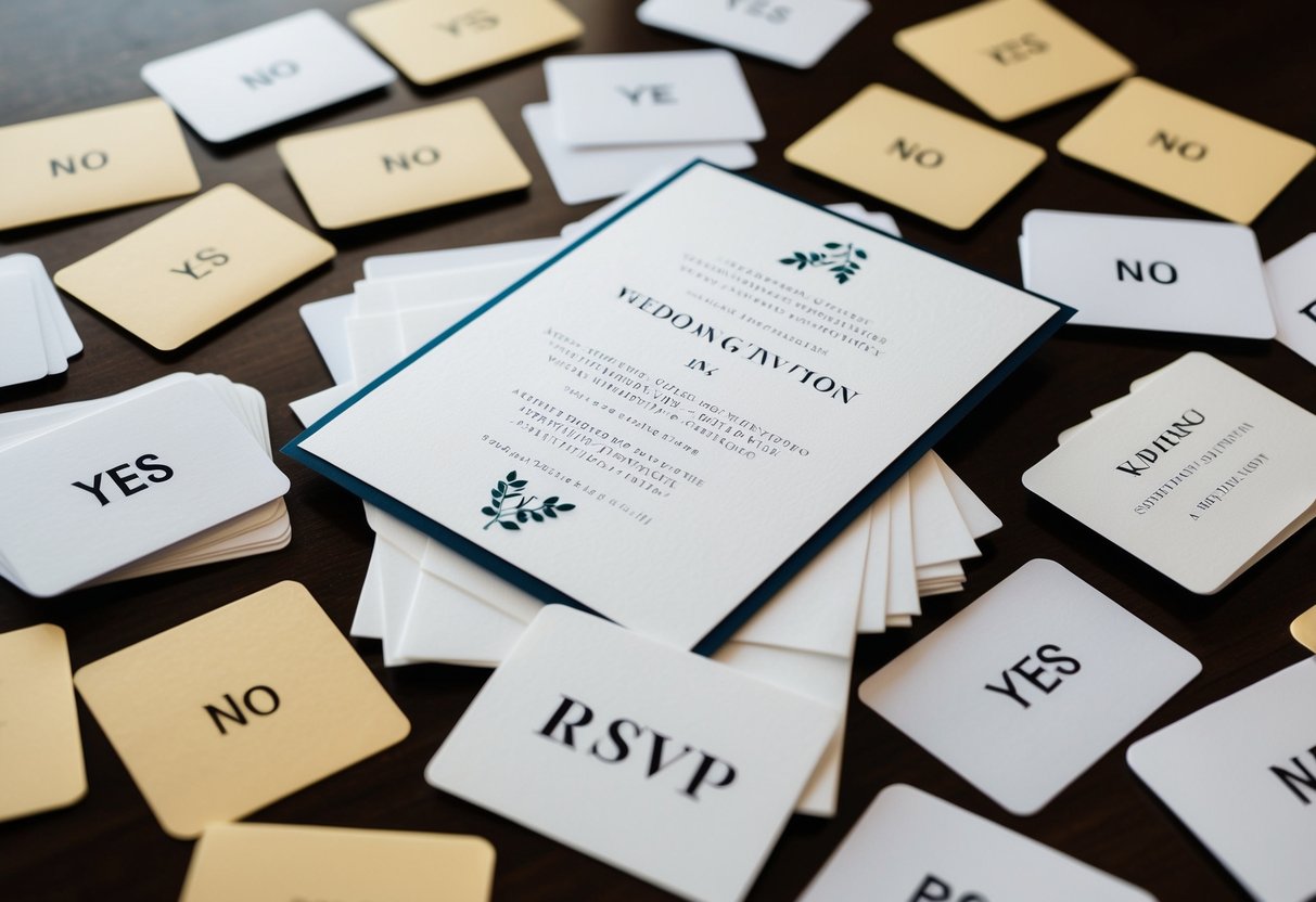 A wedding invitation surrounded by a pile of RSVP cards, some marked with "yes" and others with "no."