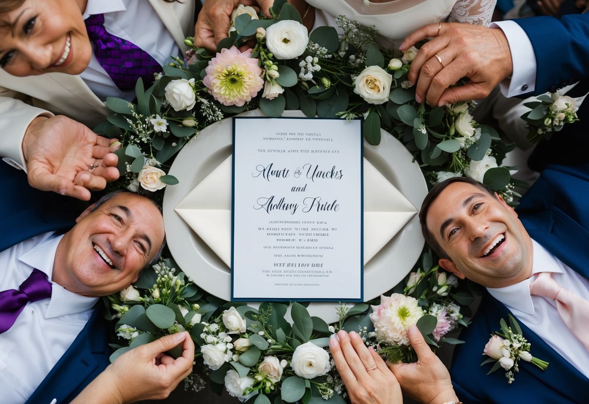 A wedding invitation surrounded by elegant floral decorations and aunts and uncles smiling and congratulating the bride and groom