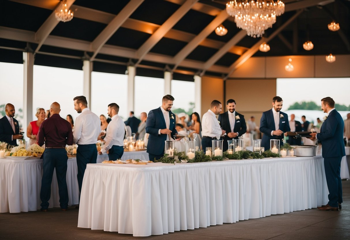 A wedding reception with vendors setting up their booths and preparing to serve guests