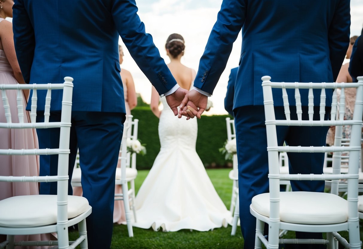 A bride and groom holding hands, facing guests with strict RSVP names on each seat