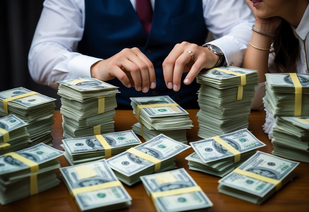 A couple surrounded by stacks of bills and venue options, debating whether to include aunts and uncles on a guest list for their wedding