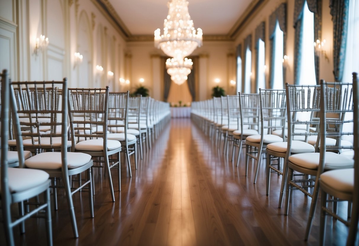 A grand wedding hall with rows of empty chairs stretching into the distance, adorned with elegant decorations and soft lighting