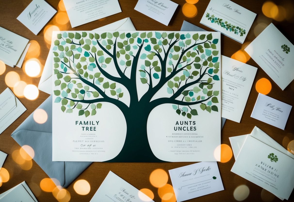A family tree with branches for aunts and uncles, surrounded by wedding invitations