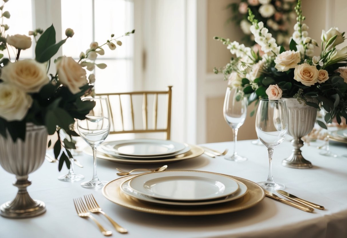 A beautifully set table with an empty chair and place setting, surrounded by elegant decor and floral arrangements
