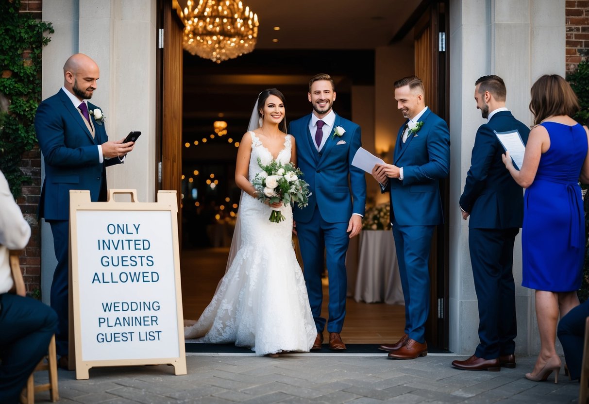A couple at a wedding reception, standing at the entrance with a sign indicating that only invited guests are allowed, while a wedding planner checks the guest list