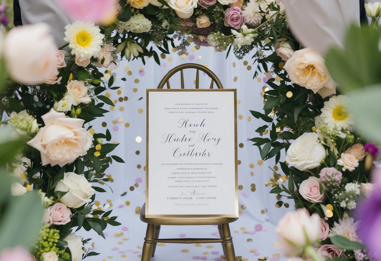 A wedding invitation surrounded by flowers and confetti, with a single empty chair at the ceremony