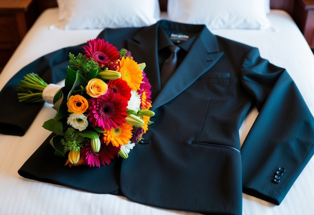 A bouquet of colorful flowers and a sleek black suit laid out on a bed