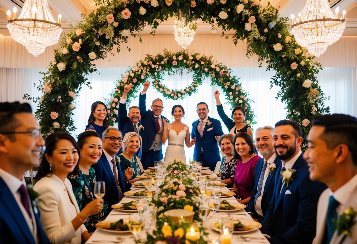 A festive wedding banquet with a mix of family and friends celebrating under a floral archway