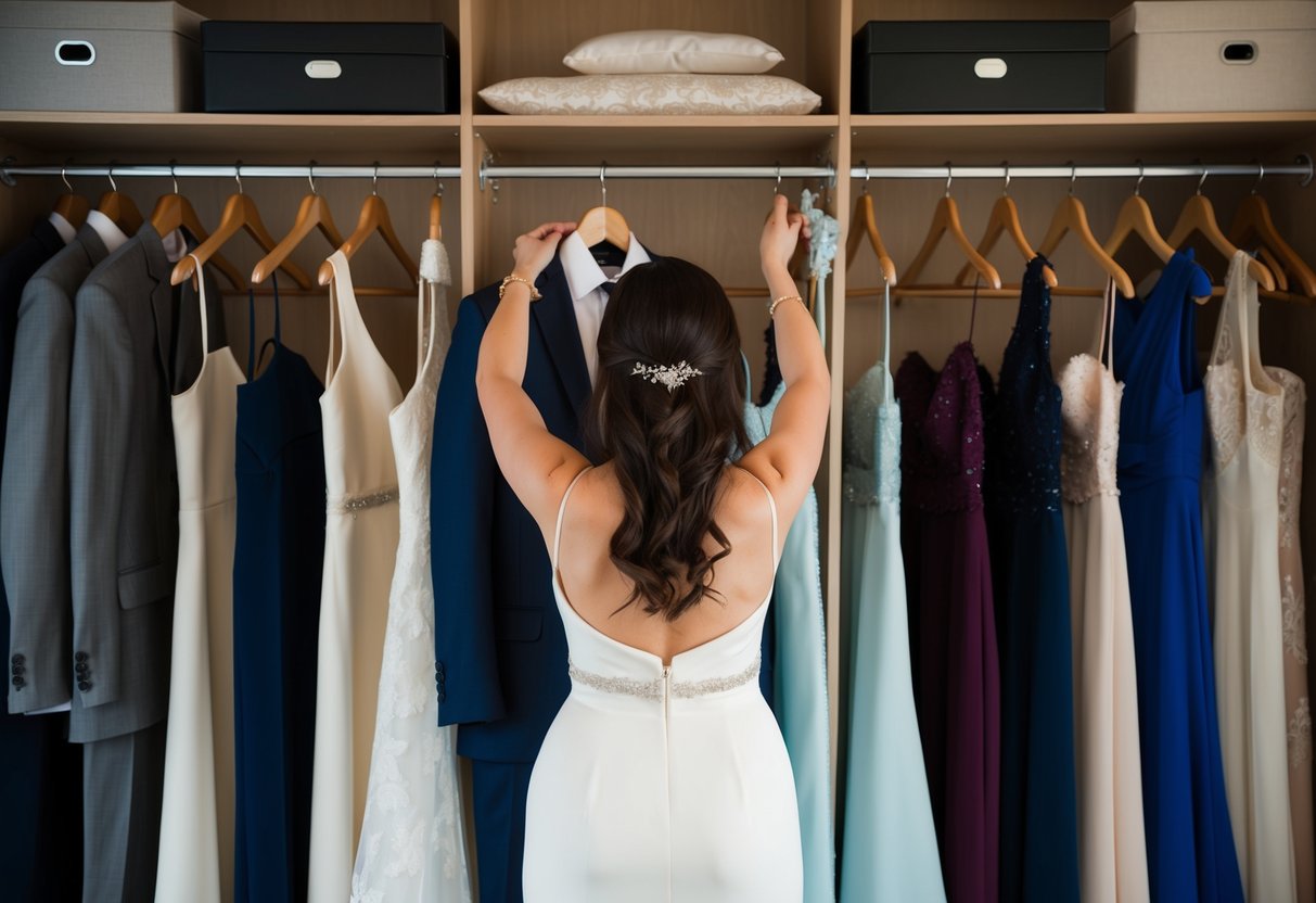 A plus-one stands in front of a closet filled with elegant dresses and suits, trying to decide what to wear to a wedding