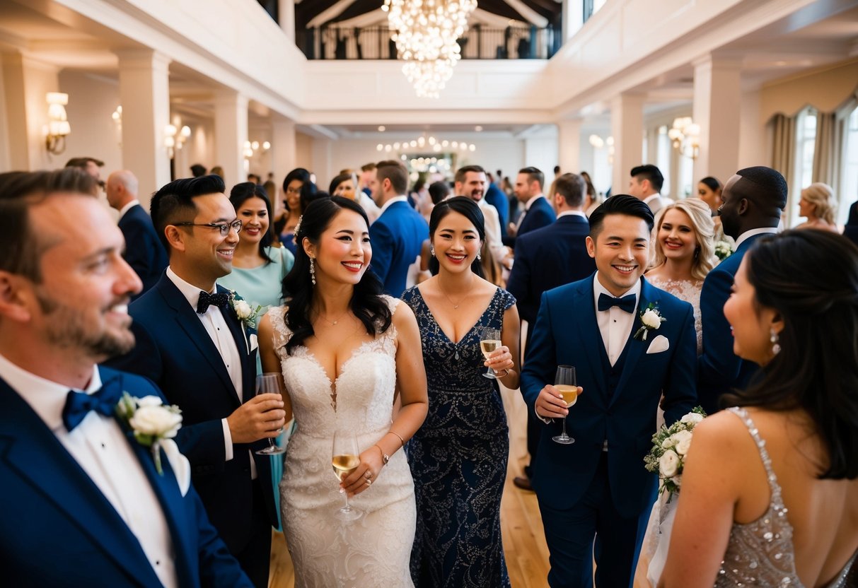 A diverse group of elegantly dressed wedding guests mingling and celebrating in a beautifully decorated venue