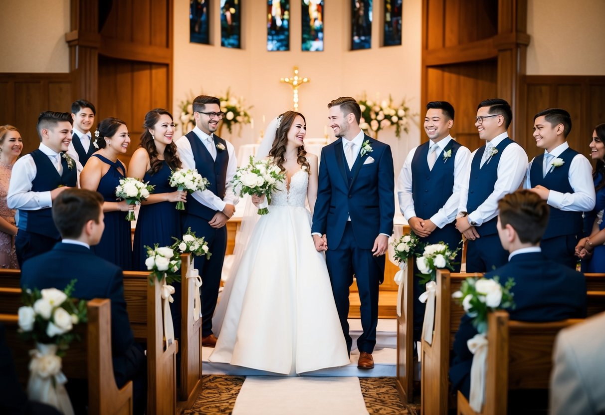 A bride and groom stand at the altar surrounded by their siblings, all smiling and joyous, creating a warm and loving atmosphere
