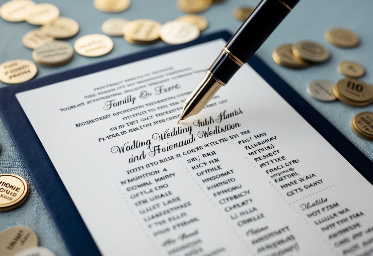 A wedding invitation surrounded by a mix of family and friends' names, with a pen hovering over the list