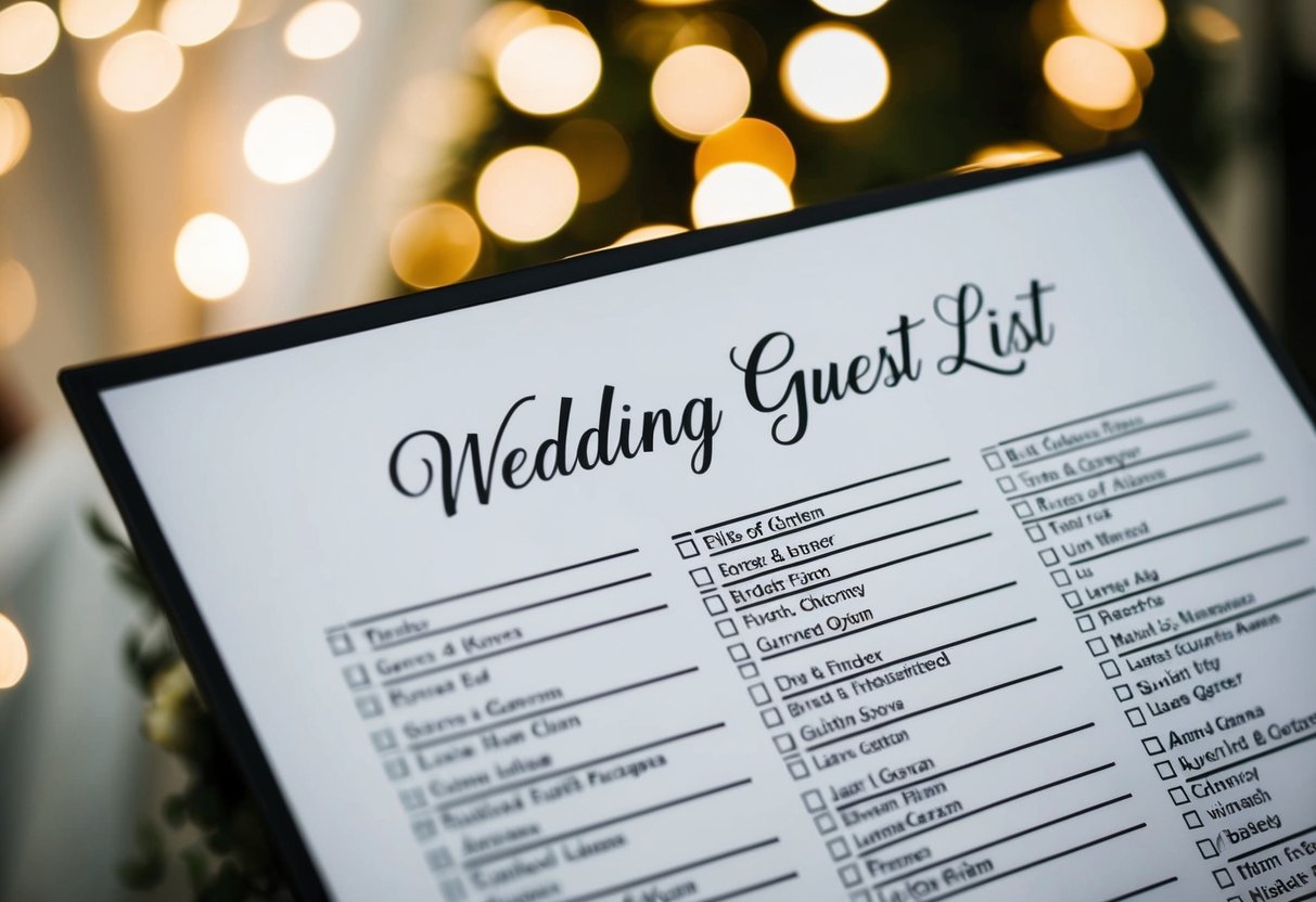 A wedding guest list with the bride and groom's names highlighted