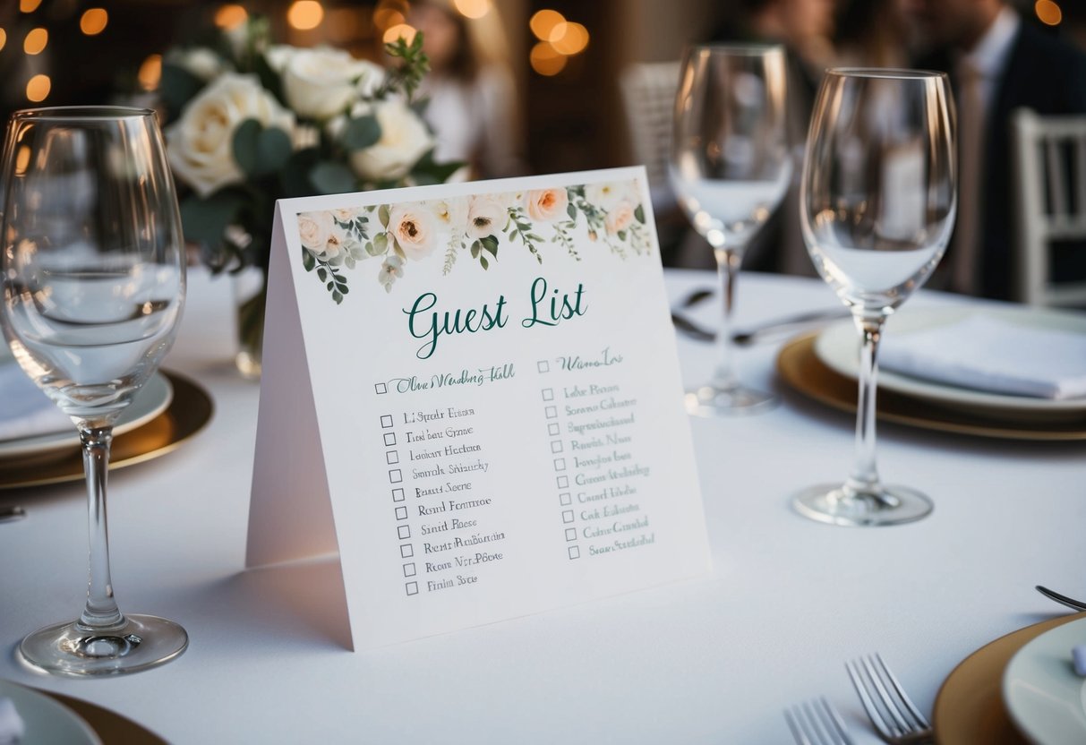 A wedding guest list with numbered tables and place settings