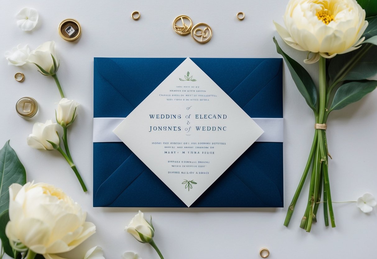 A wedding invitation with elegant design elements and a modern layout, possibly featuring the names of the couple's parents discreetly placed