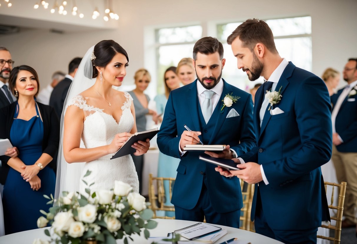 A bride and groom stand beside a table, surrounded by various wedding vendors. They are discussing the guest list, while holding a notebook and pen