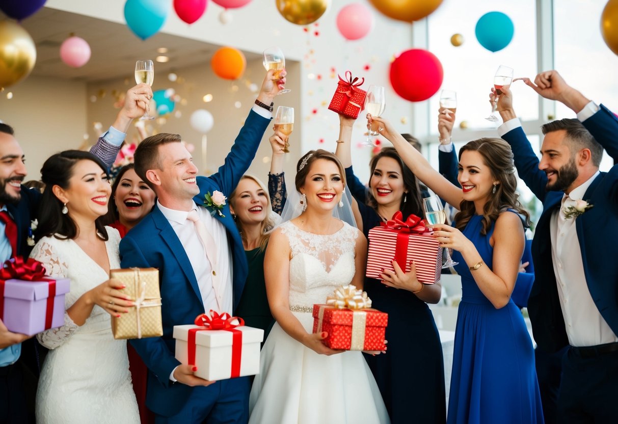 A group of people celebrating with gifts and decorations, but no wedding ceremony in sight