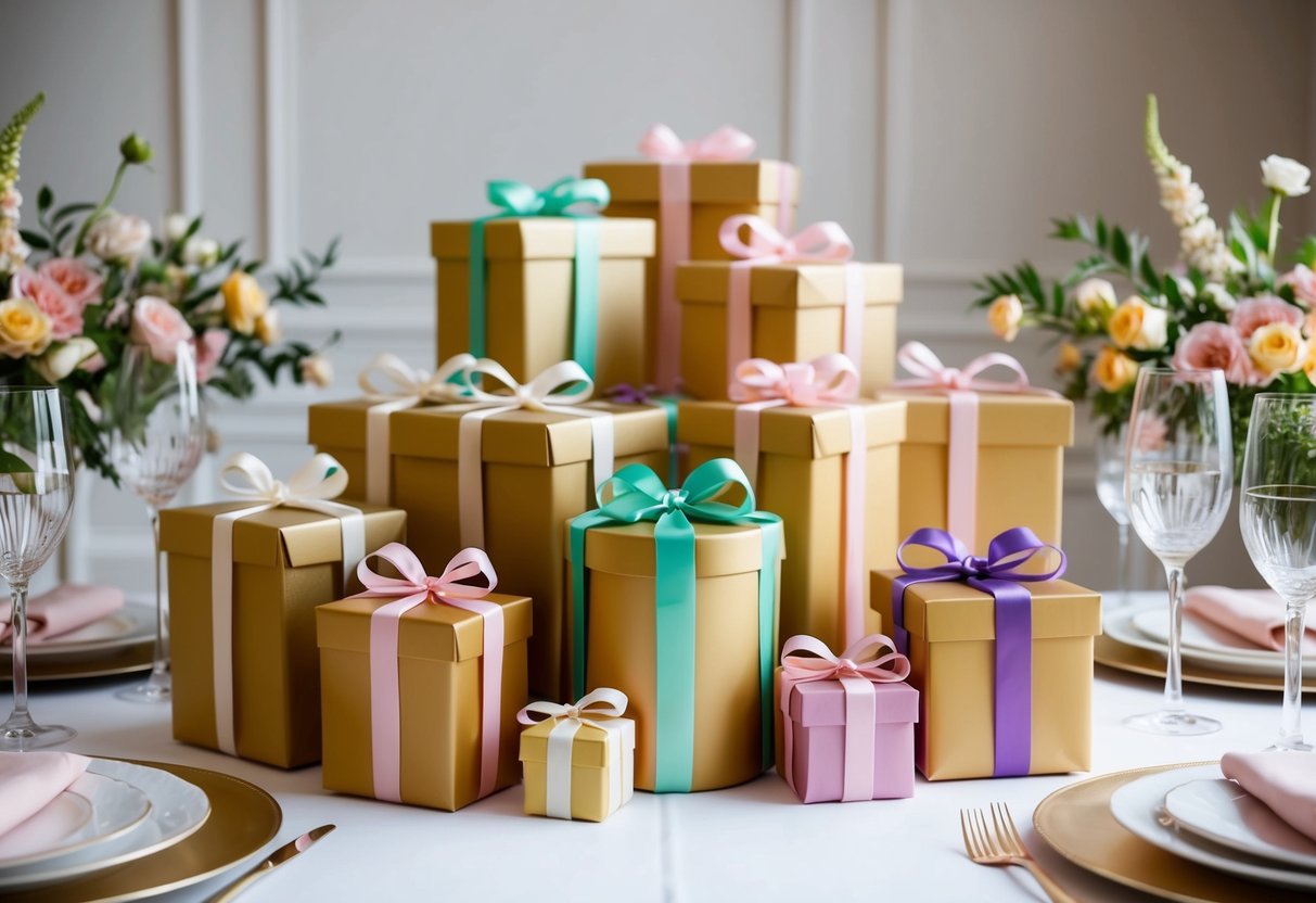 A group of elegantly wrapped gifts arranged on a table, surrounded by floral decorations and delicate place settings