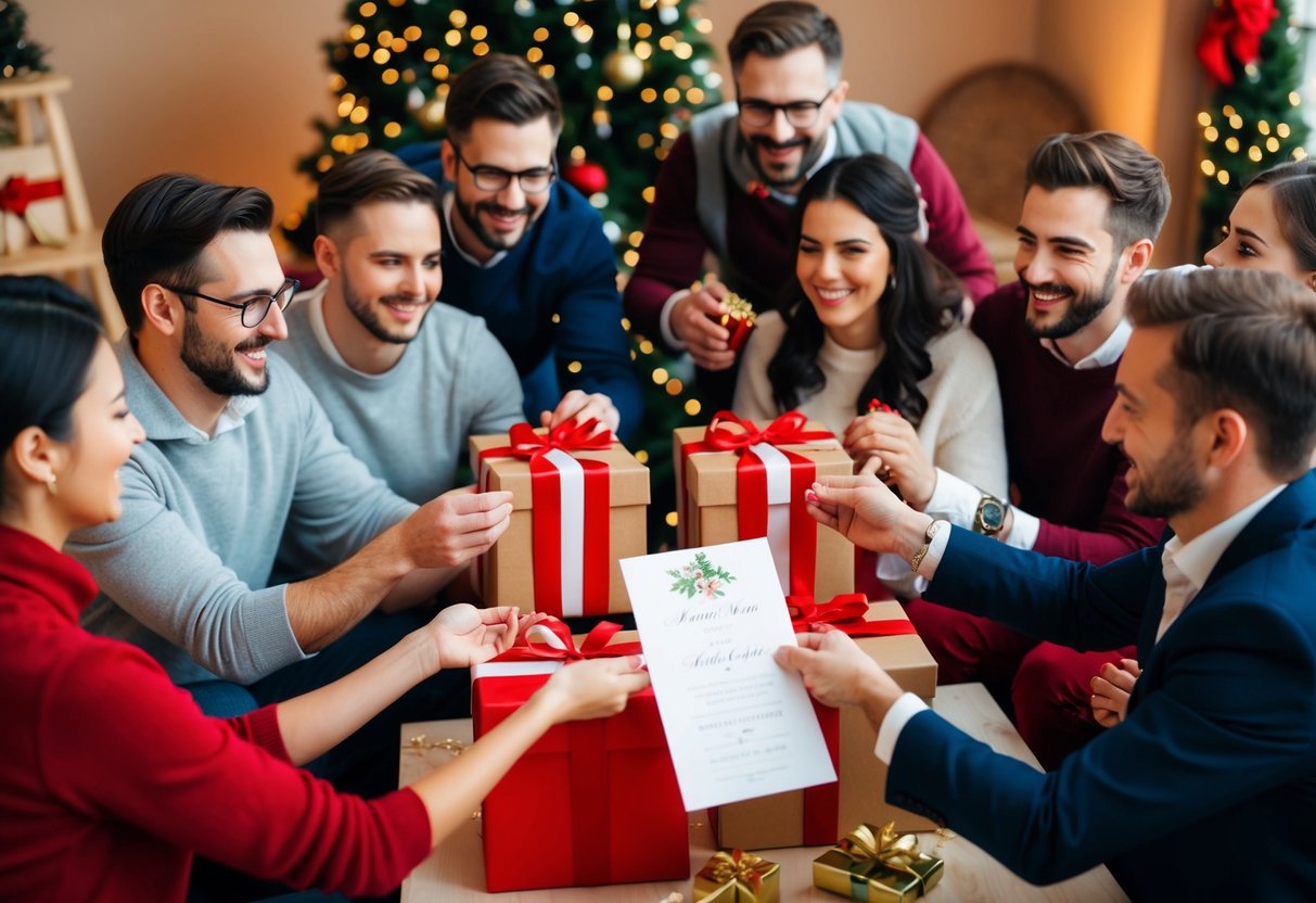 A group of people gathered in a festive setting, exchanging gifts and celebrating, with a wedding invitation conspicuously absent