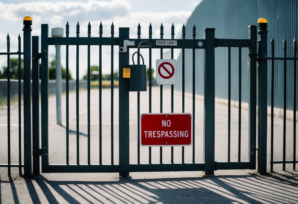 A locked gate with a "no trespassing" sign, surrounded by a tall fence and security cameras