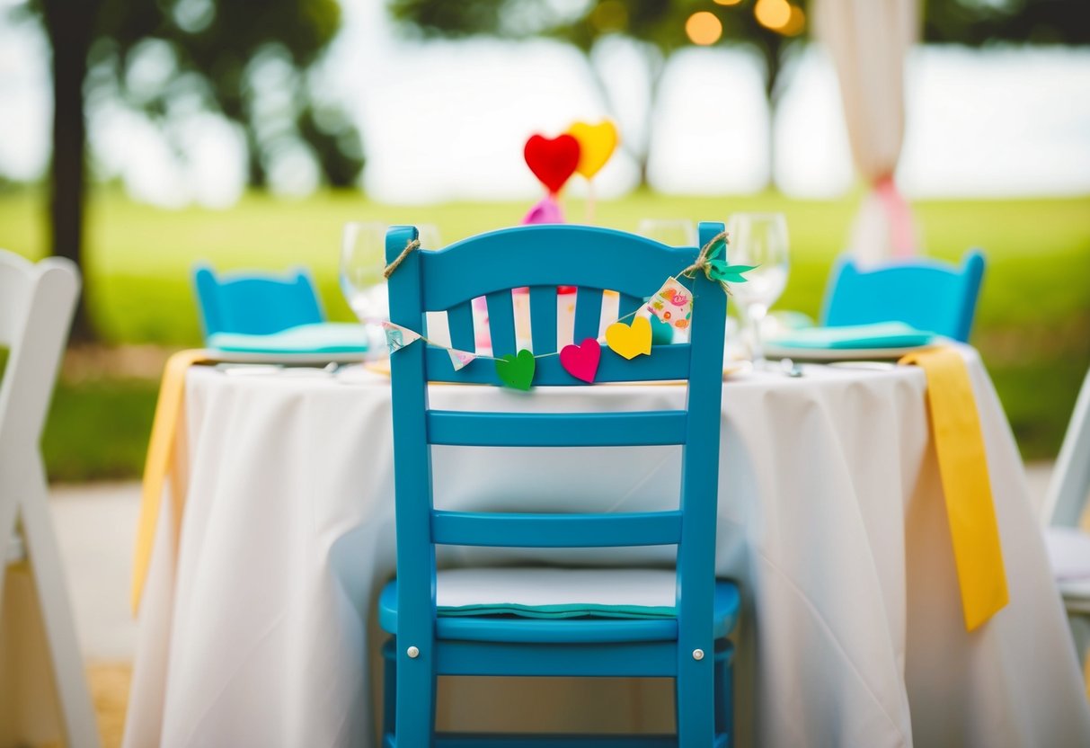 A child's chair at a wedding table with a small place setting and a colorful party favor