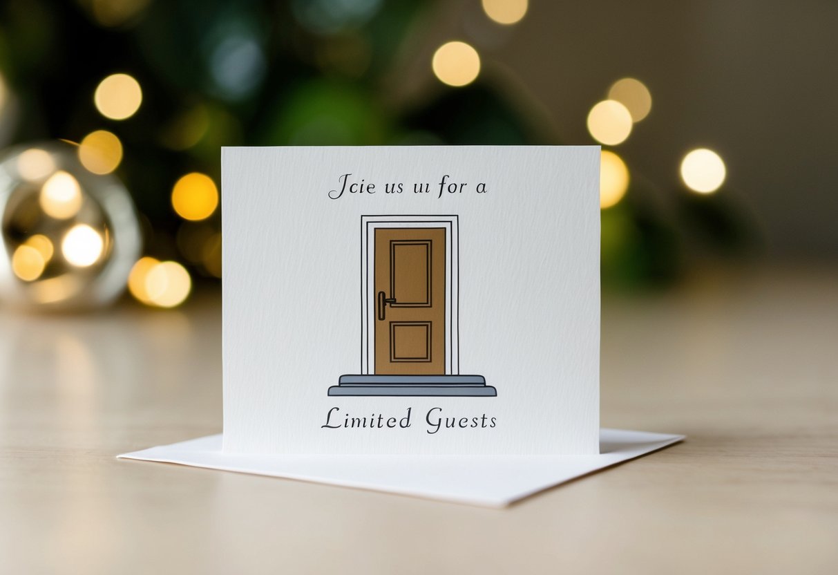 A simple, elegant invitation card with a small, tasteful illustration of a closed door, symbolizing limited guests