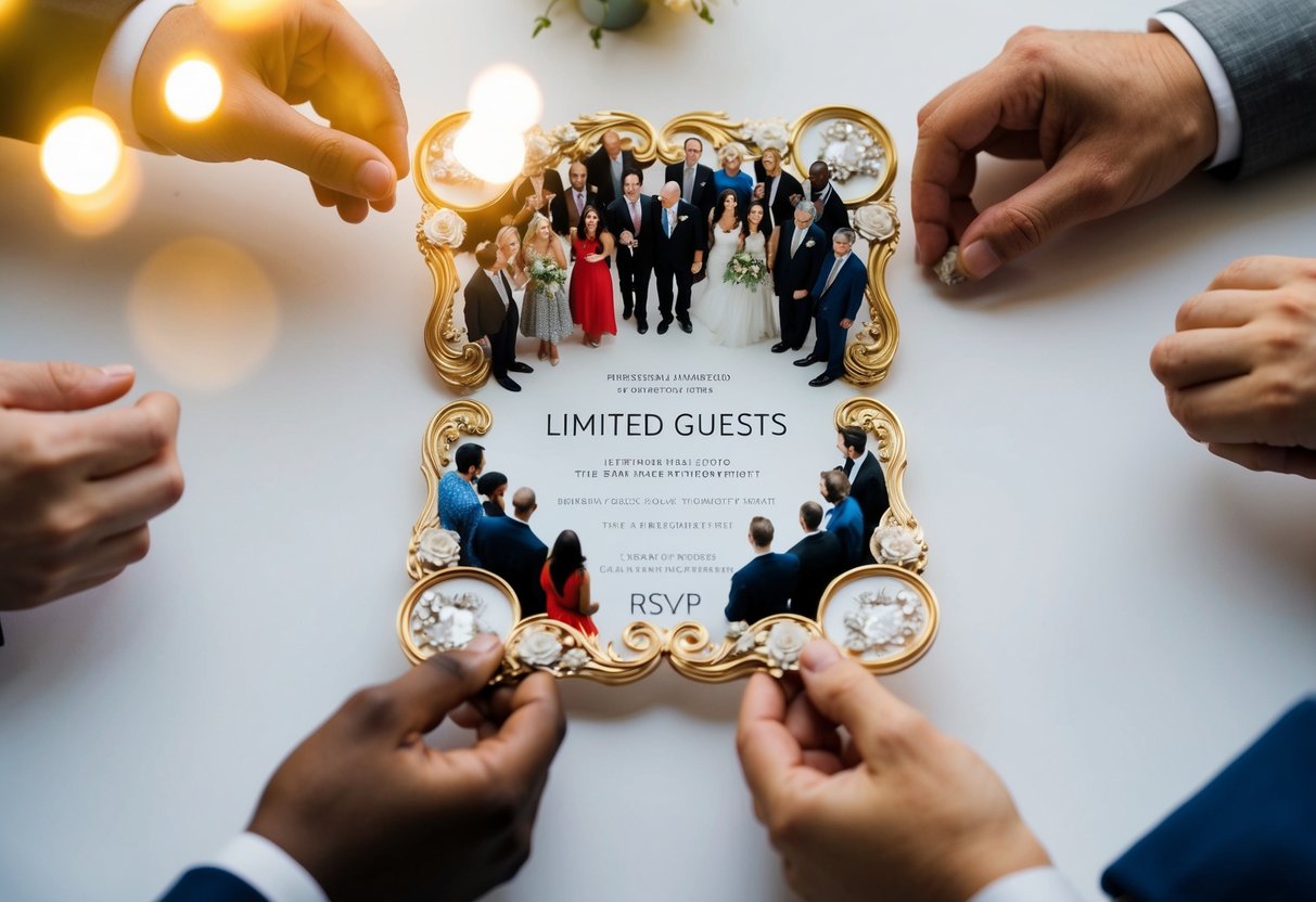 A beautifully decorated invitation with a small group of diverse people gathered around, symbolizing "limited guests" in an RSVP