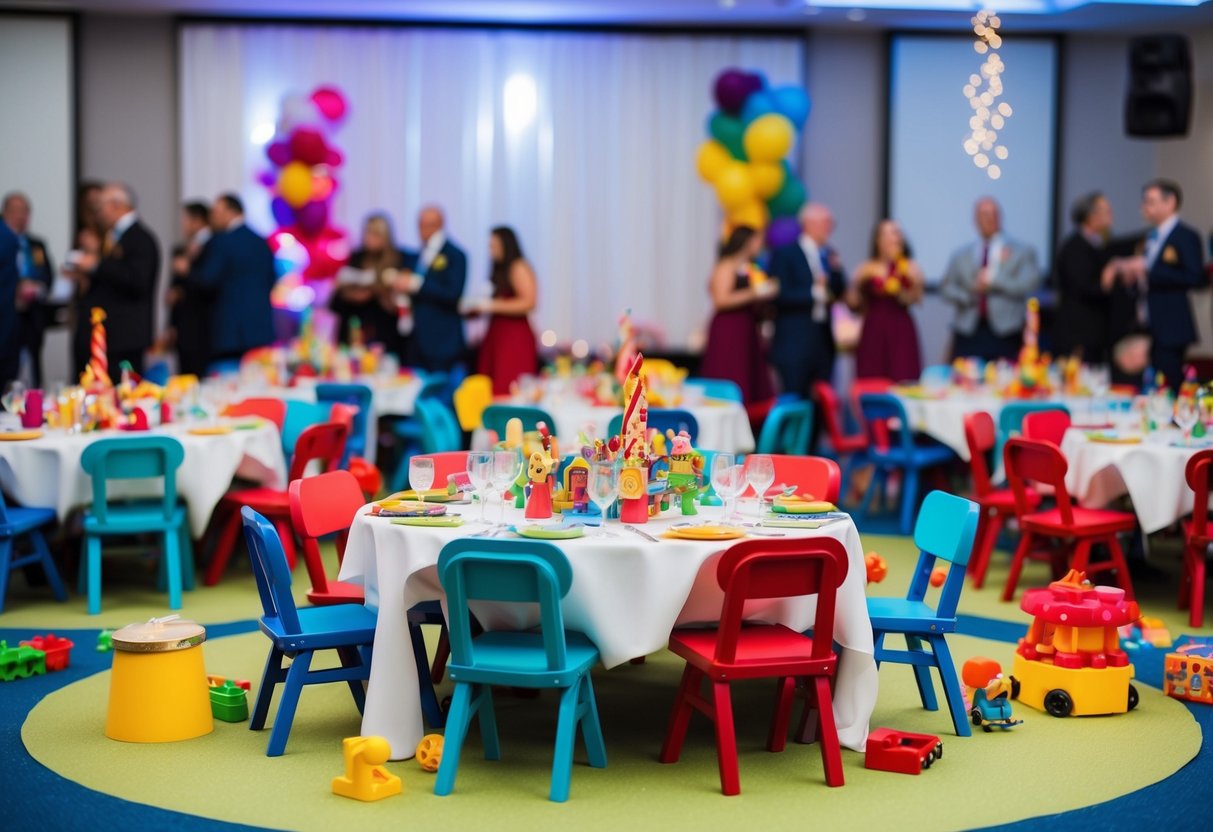 A colorful and playful table setting with small chairs and festive decorations, surrounded by toys and games for young guests at a wedding