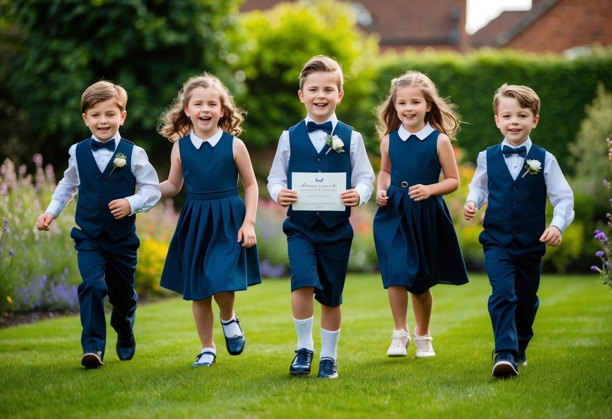 A group of children playing in a garden, dressed in formal attire, with a wedding invitation in hand