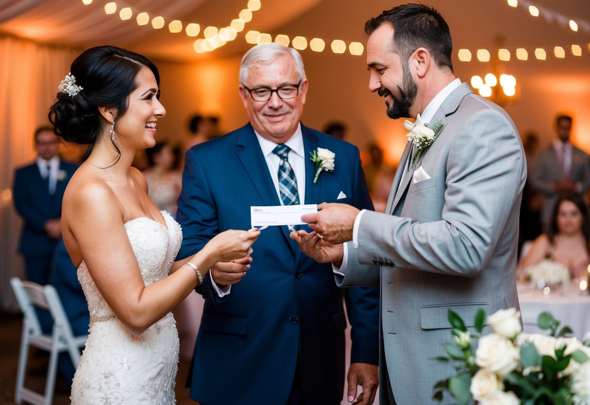 A groom hands over a check to the bride's father at a wedding reception