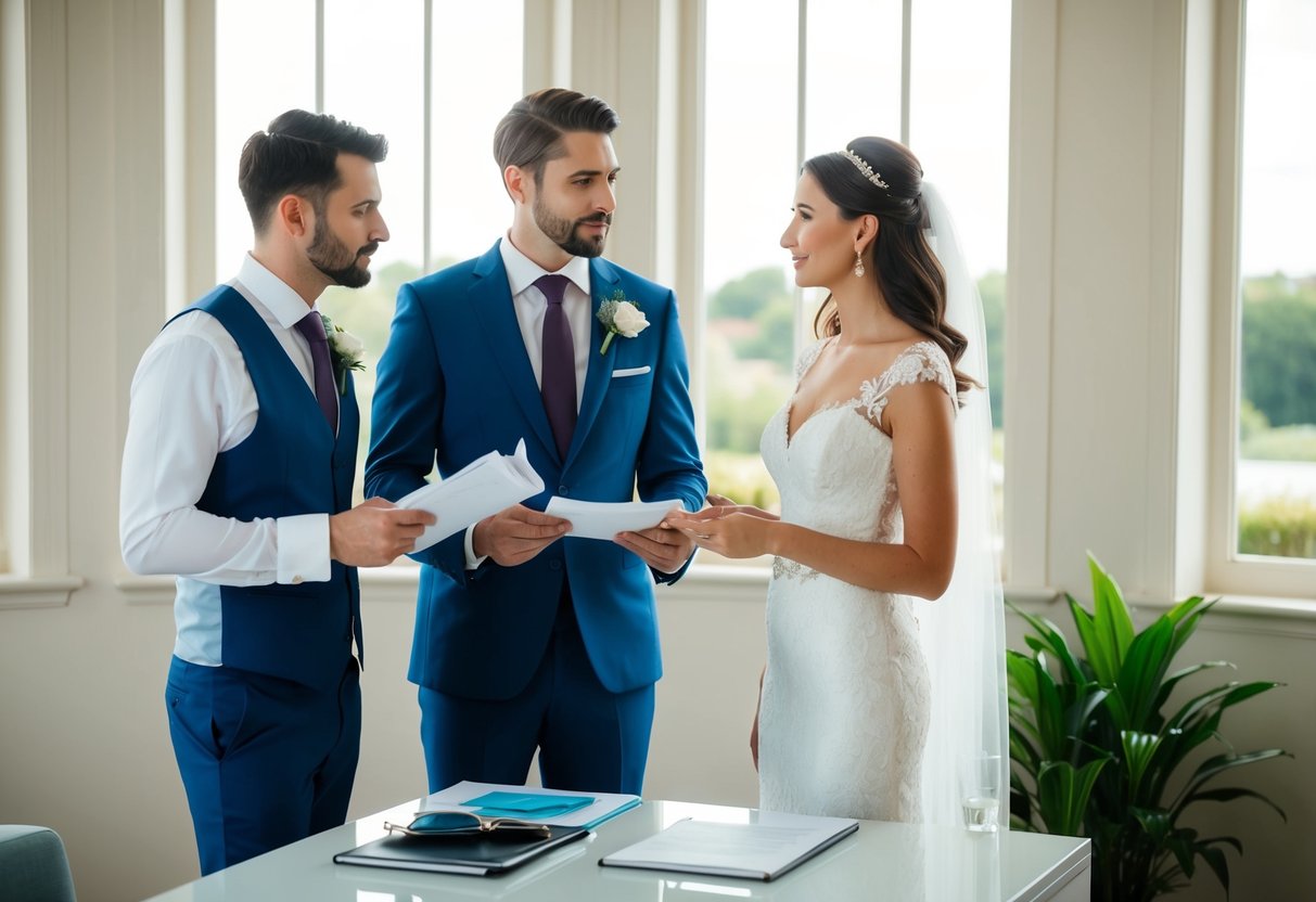 A groom and bride standing beside a wedding planner, discussing finances and budget for their second wedding