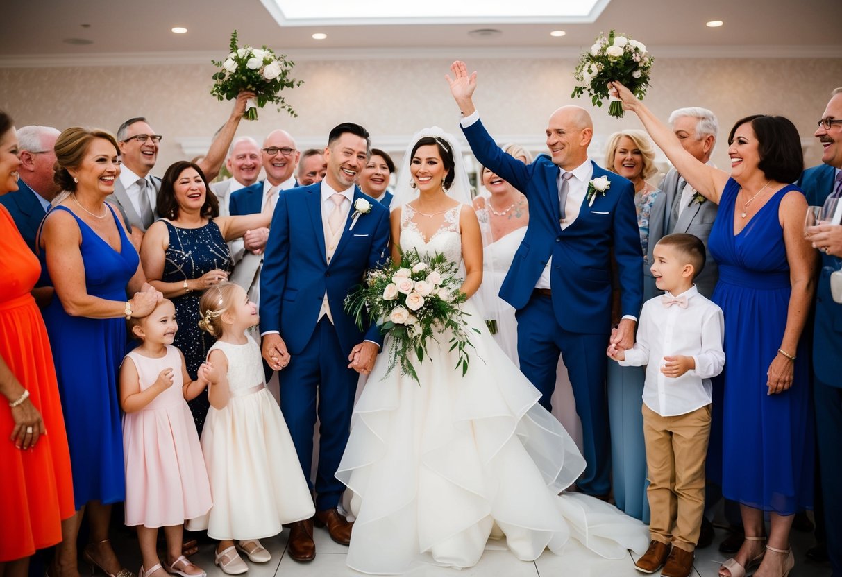 A newlywed couple and their families gather at a joyful reception, with the bride's parents happily footing the bill for her second wedding
