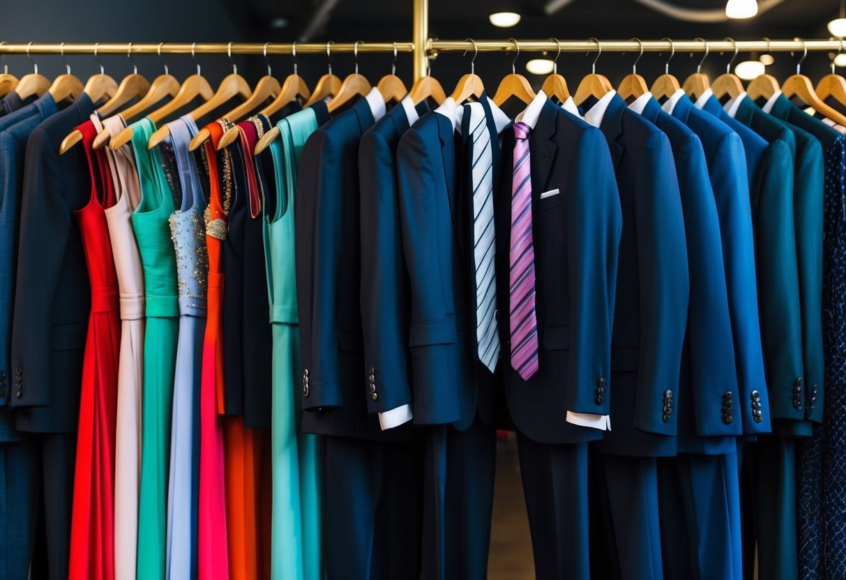 A colorful array of formal attire, including dresses, suits, and ties, displayed on hangers in a well-lit boutique setting