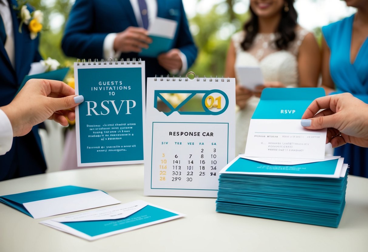 Guests receive wedding invitations with a deadline to RSVP, a calendar with the date circled, and a stack of response cards with envelopes