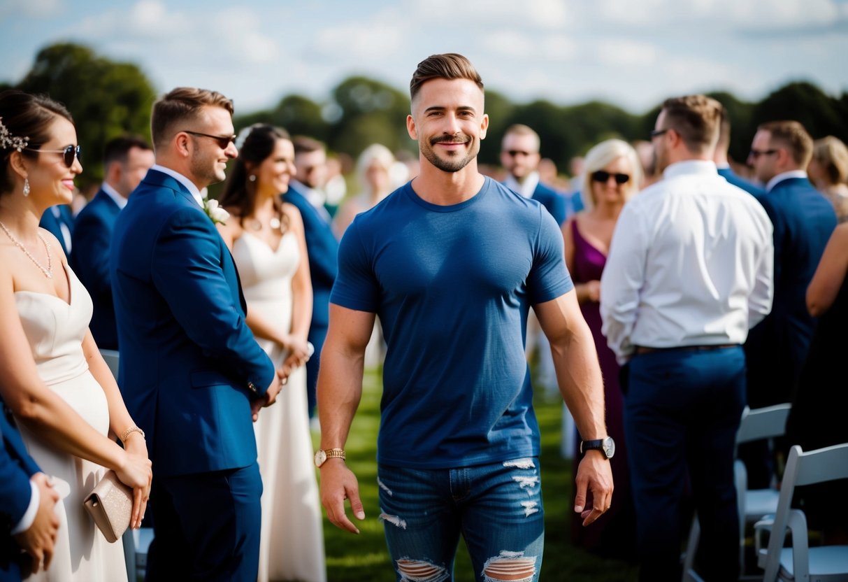A wedding guest wearing a casual t-shirt and ripped jeans, standing out among the well-dressed crowd