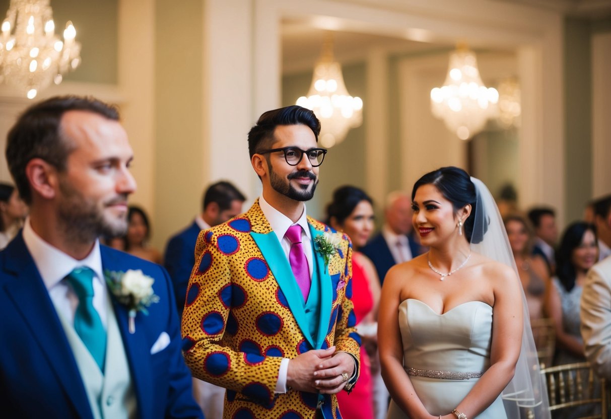 A wedding guest wearing a vibrant, patterned outfit clashes with the elegant, muted colors of the venue and other guests' attire