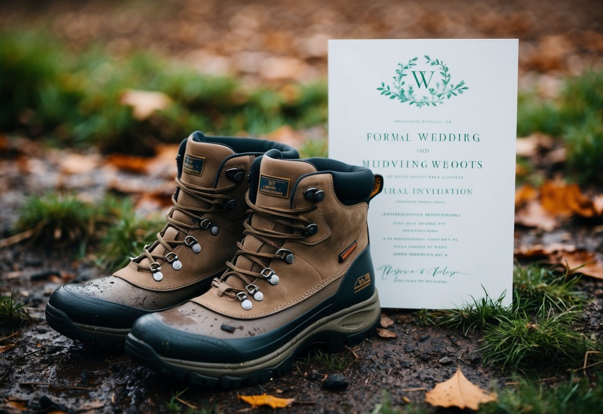 A pair of muddy hiking boots next to a formal wedding invitation