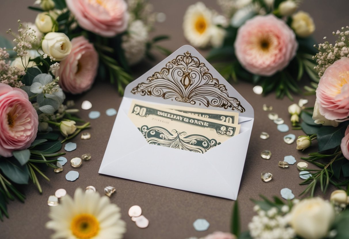 A decorative wedding card with an open envelope, a few bills tucked inside, surrounded by floral decorations and a celebratory atmosphere
