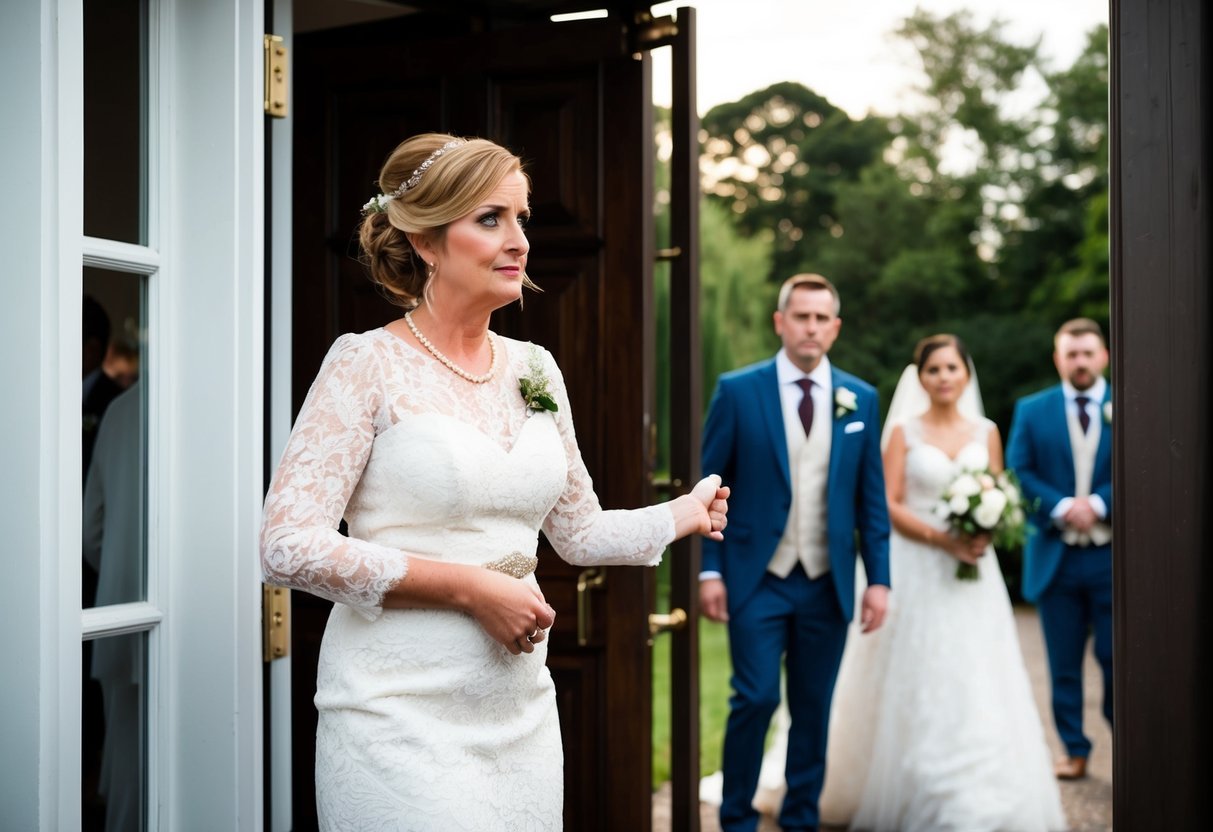 A wedding guest hesitates at the entrance, holding a plus-one's hand while looking uncertain. The bride and groom stand in the distance, watching with mixed expressions
