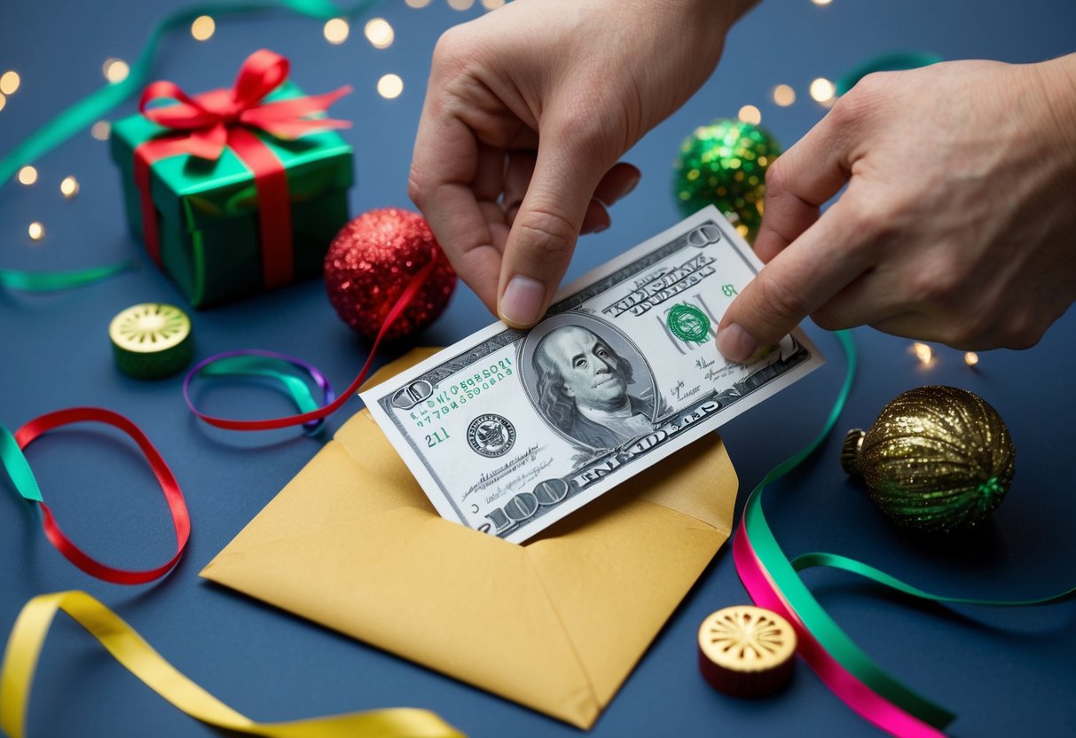 A hand placing a crisp bill into a decorative envelope, surrounded by colorful ribbons and a festive gift tag