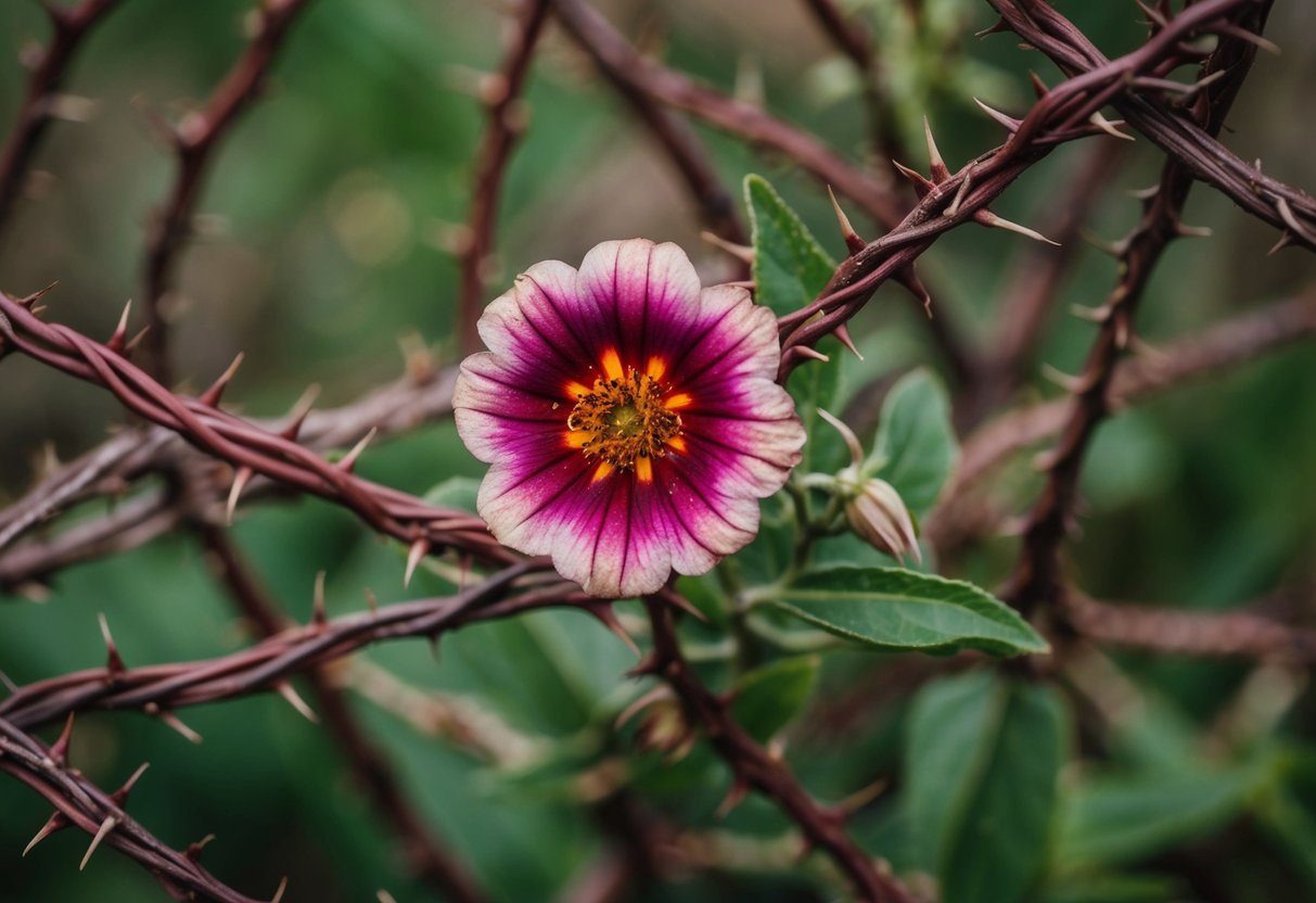 A wilted flower surrounded by thorny vines