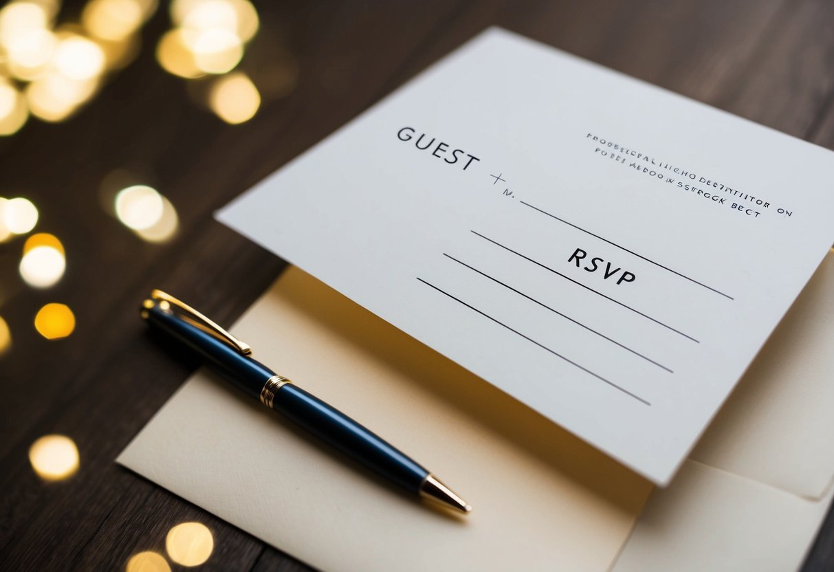 A wedding invitation with two blank spaces for names, one labeled "Guest" and the other "RSVP," with a pen lying nearby