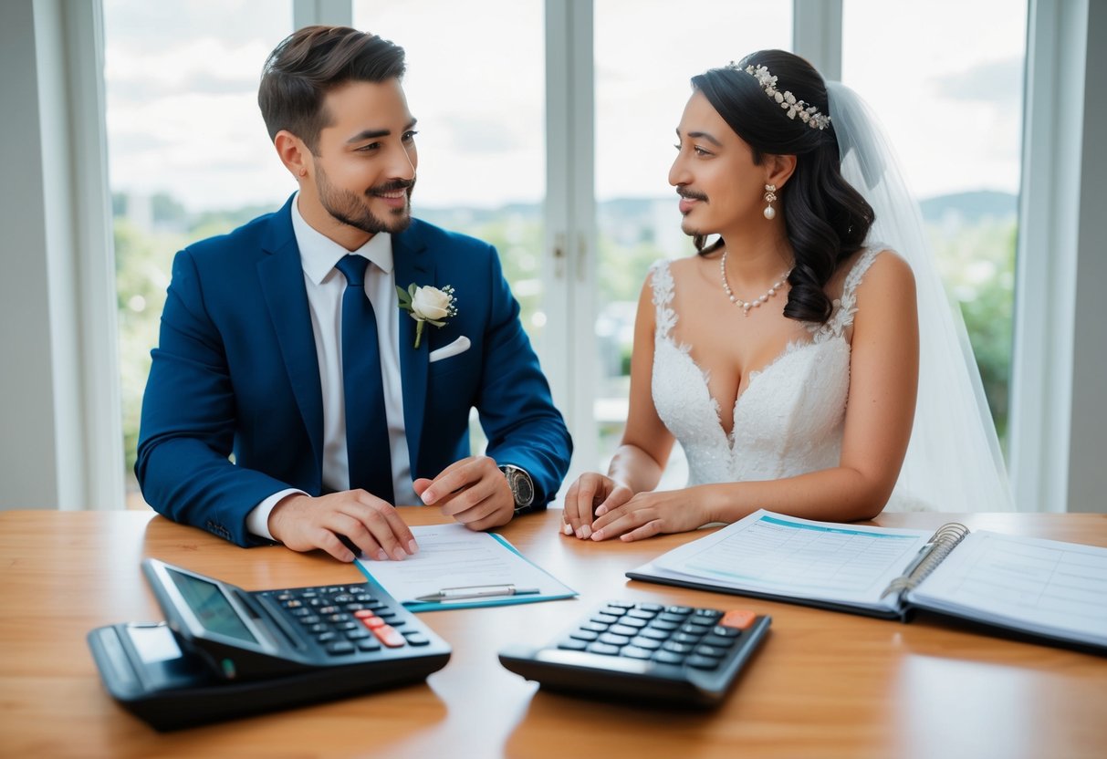 A couple discussing wedding budget with a plus-one option on a table with a calculator and a list of expenses
