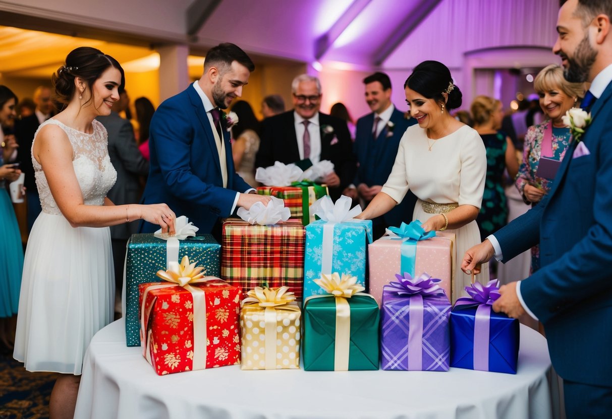 Guests bring wrapped gifts to a UK wedding reception, placing them on a designated table. The gifts vary in size and shape, adding a colorful and festive touch to the event