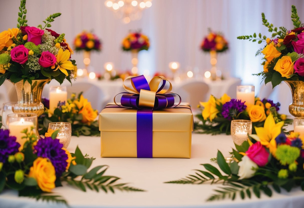 A beautifully wrapped gift box surrounded by colorful flowers and elegant decorations on a reception table