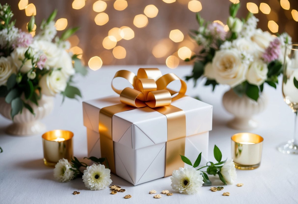 A beautifully wrapped gift box surrounded by elegant wedding decor and flowers