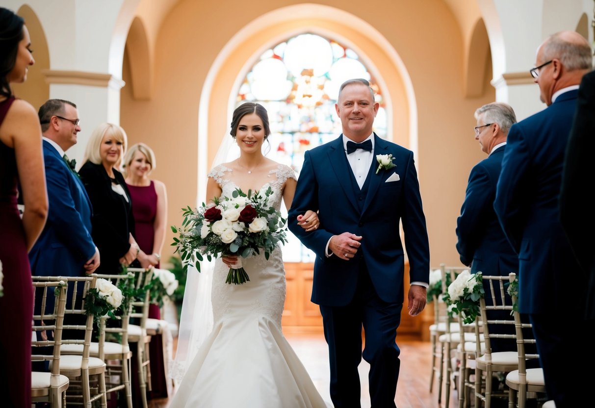 A figure in formal attire guides the bride down the aisle