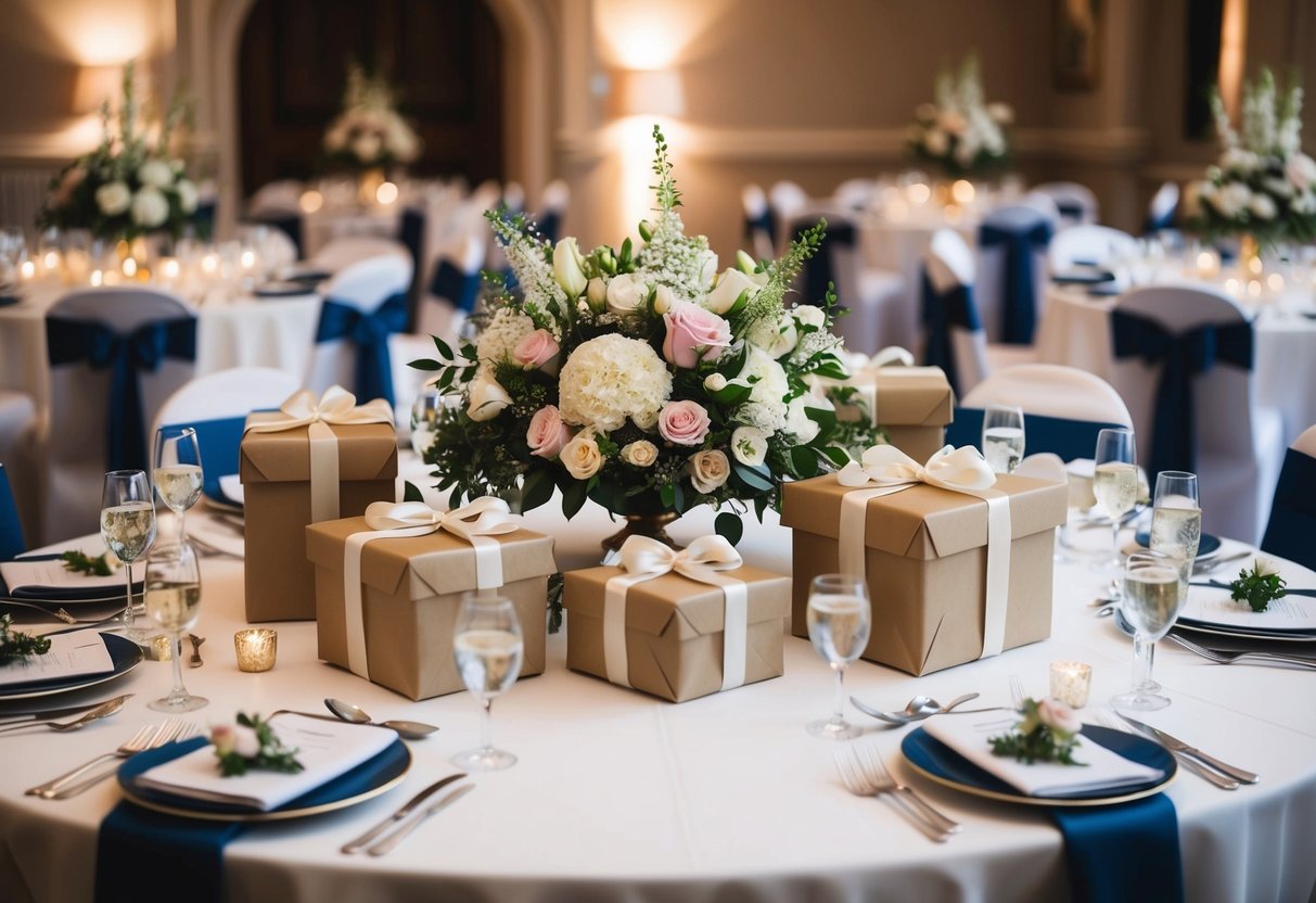 A table adorned with wrapped gifts, elegant floral centerpieces, and place settings at a wedding reception in the UK